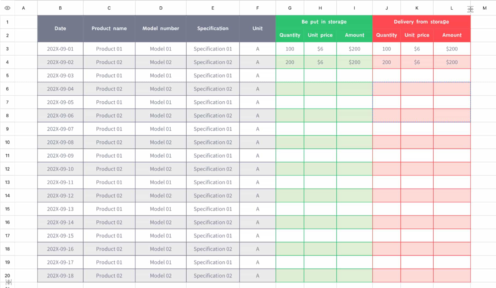 Detailed management table of warehouse entry and exit 1